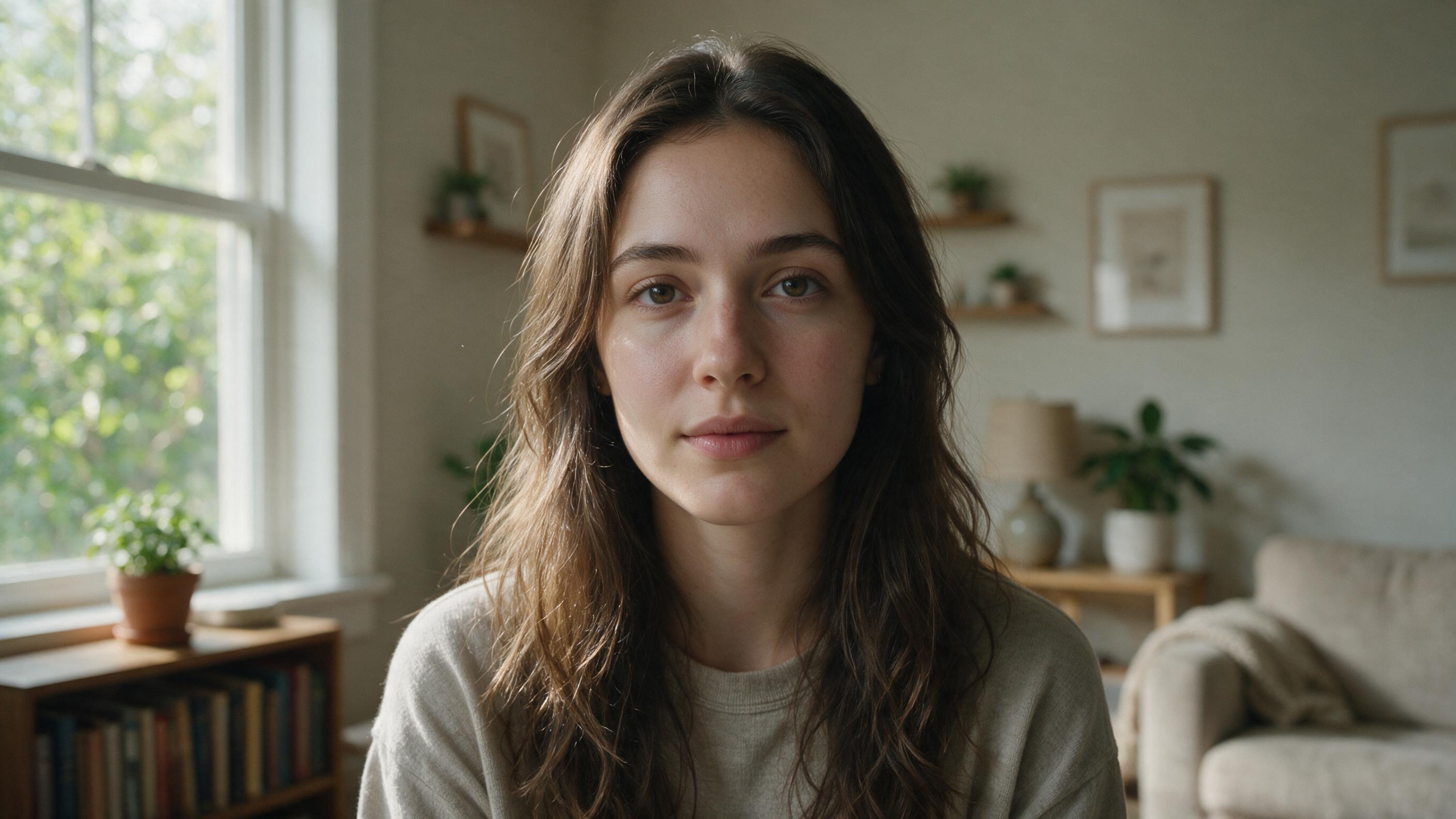 Realistic AI portrait of a woman in a softly lit room