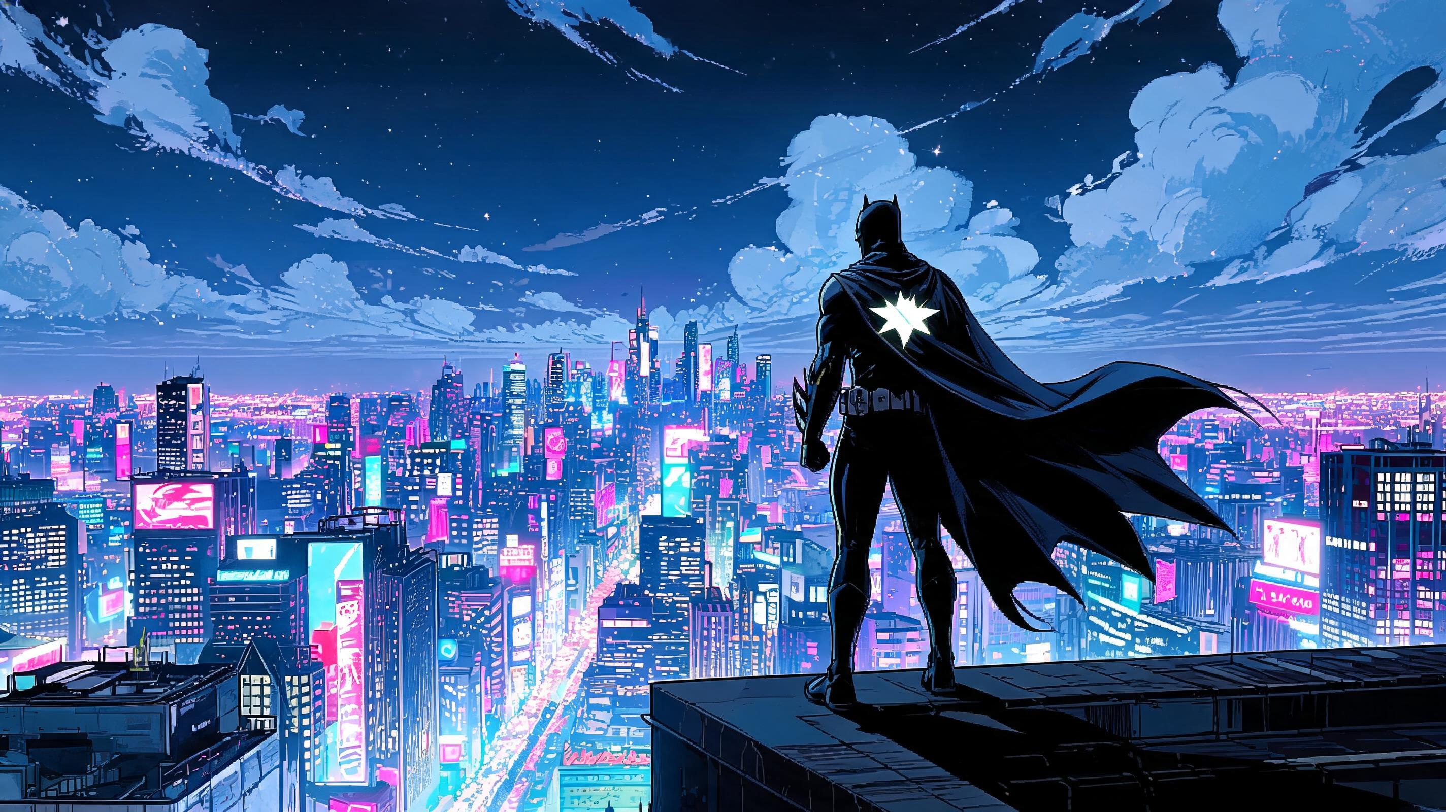 Illustrated superhero overlooking a futuristic city