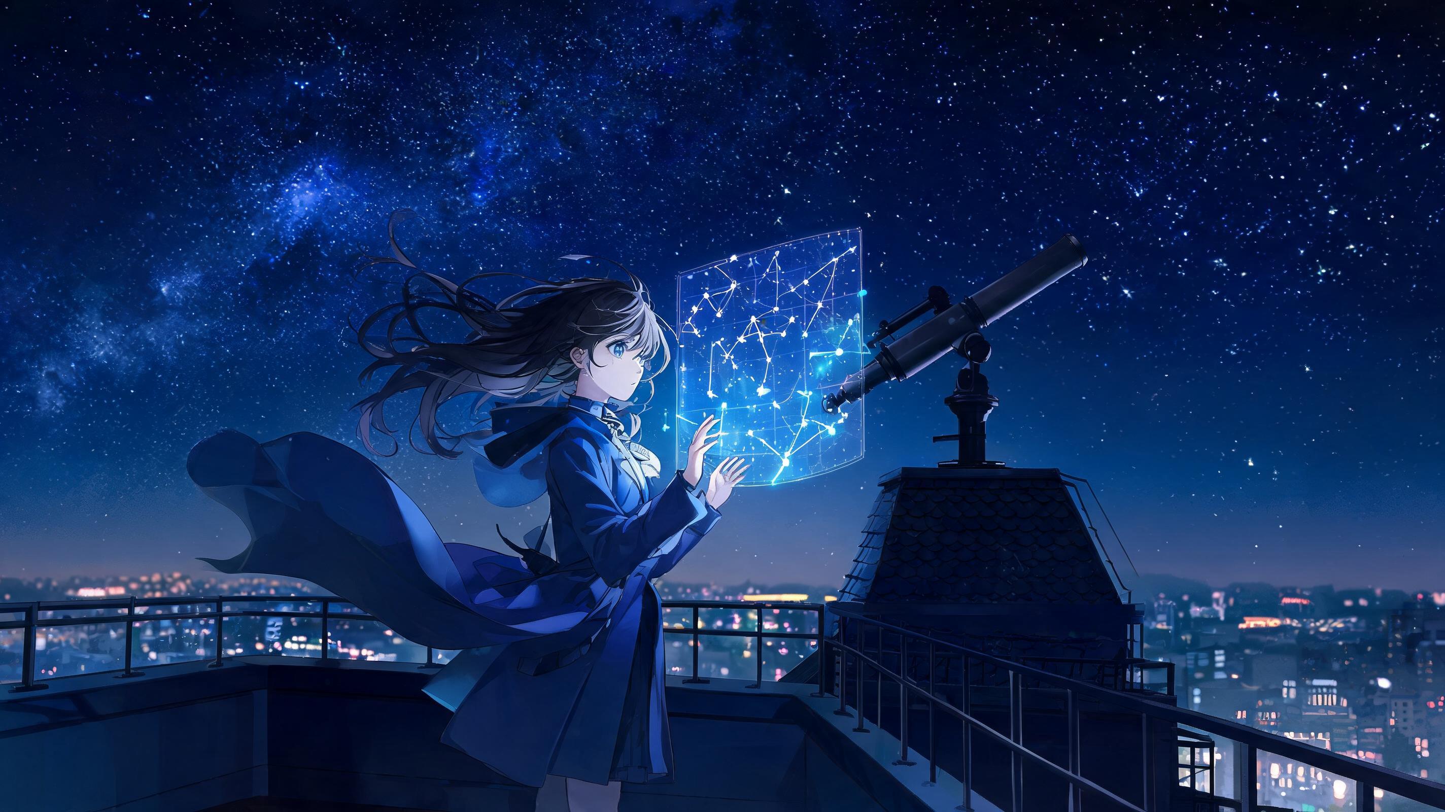Anime astronomer with glowing star charts under a night sky