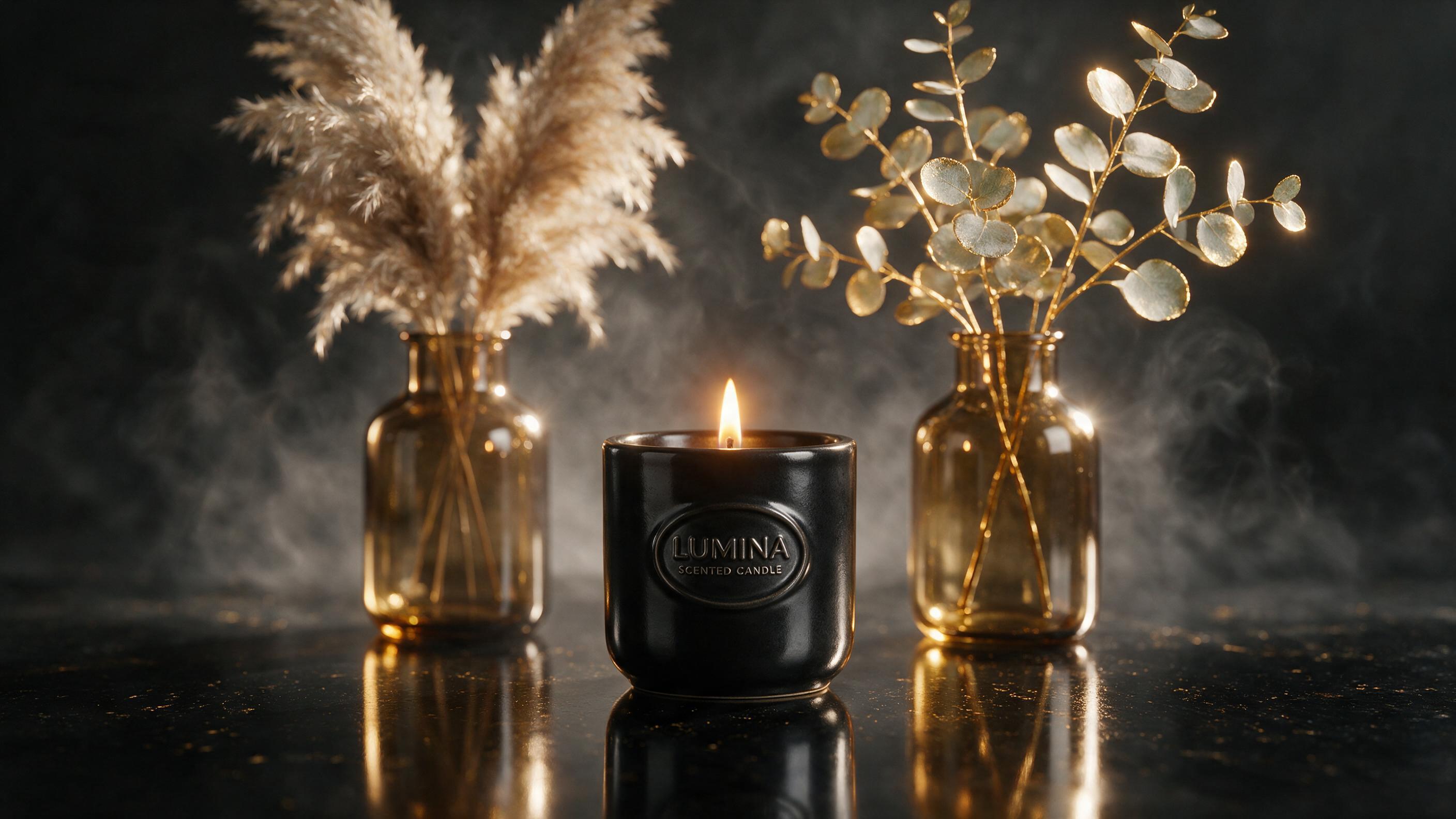 Luxury black candle in an atmospheric product photography scene
